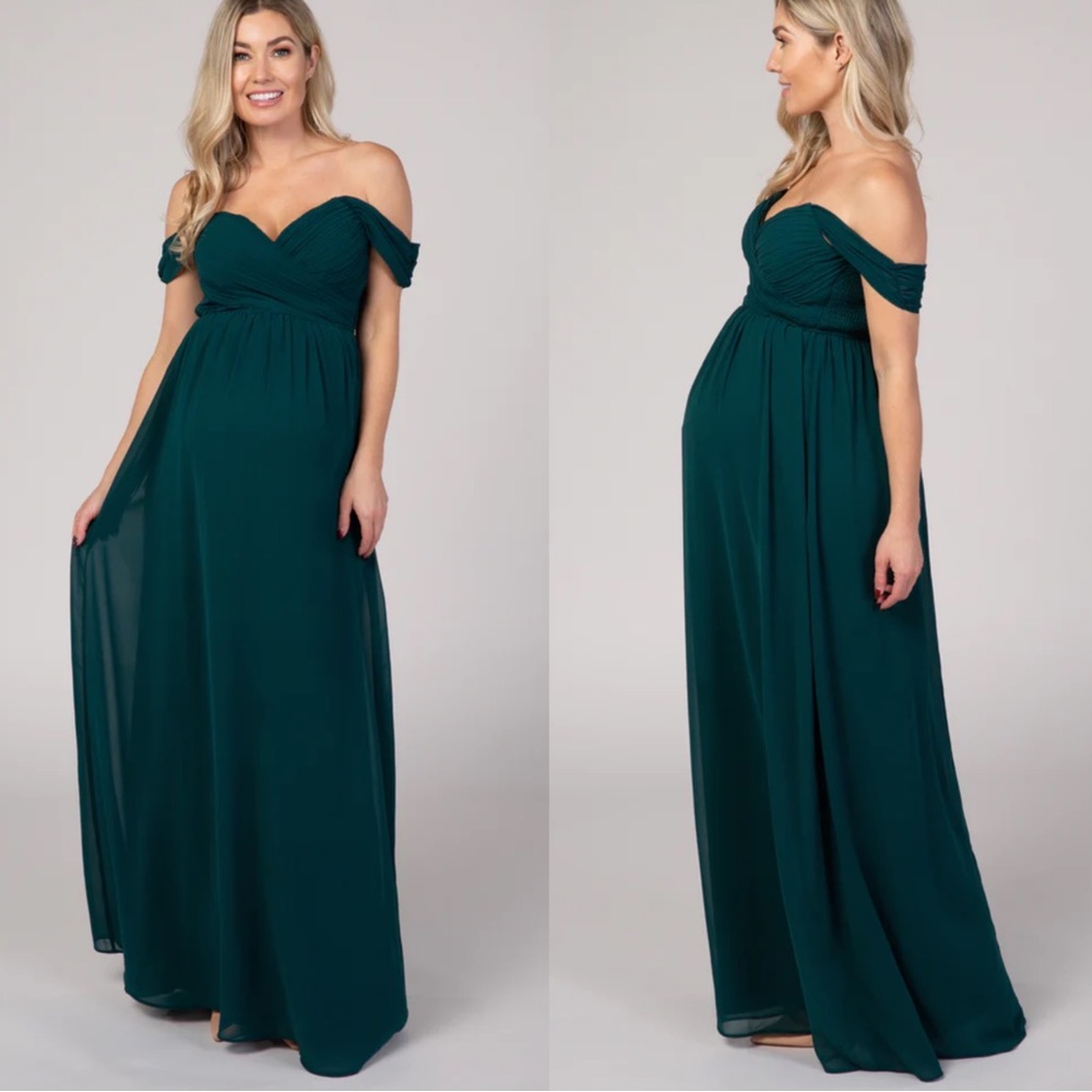PinkBlush Forest Green Off Shoulder Chiffon Maxi Maternity Dress